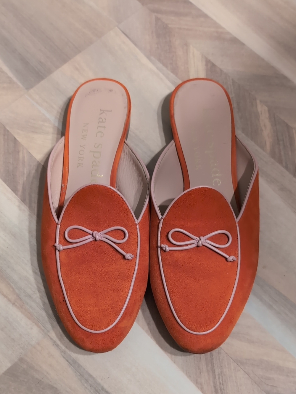 kate spade Devi Mules Orange Suede Slip-On with Pink Trim